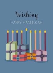 Greeting card or postcard template with Happy Hanukkah lettering and holiday symbols and attributes - menorah, sufganiyah doughnuts, olive branch, dreidels.
