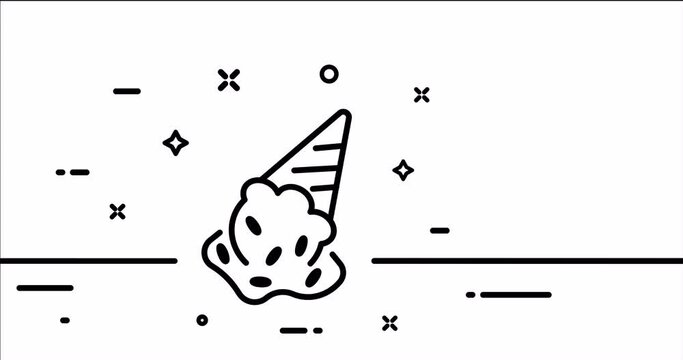 Ice cream in sugar cone. Glaze, chocolate, on a stick, ice cream, frozen juice, sugar glass, sweetness. Yummy concept. One line drawing animation. Motion design. Animated technology logo. Video 4K