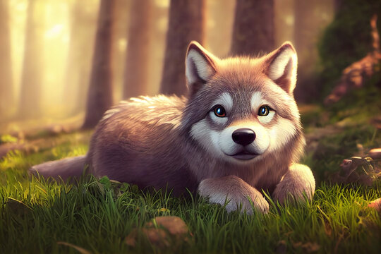 Сartoon cute wolf on the background of the forest. 3D render