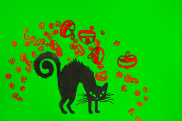 Halloween Pumpkins and Black cat on the green screen background.