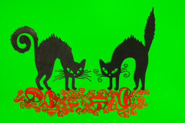 Naklejka premium Halloween Pumpkins and Black cat on the green screen background.