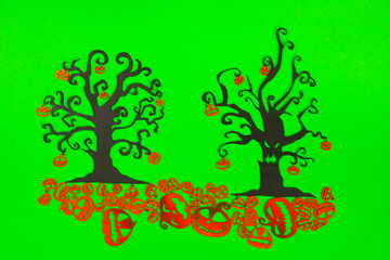 Halloween Tree with Orange Pumpkins on the green screen background.