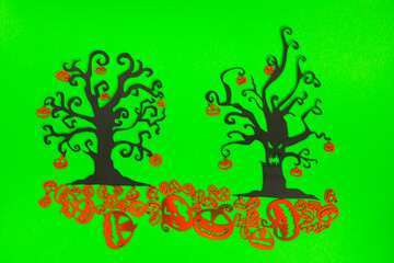 Halloween Tree with Orange Pumpkins on the green screen background.