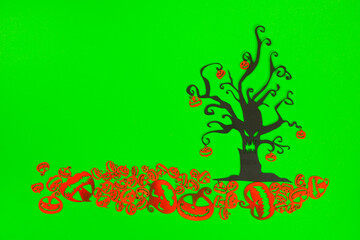 Halloween Tree with Orange Pumpkins on the green screen background.
