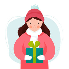 Girl standing with Christmas gifts Cute woman with presents in her hands. Vector flat illustration.