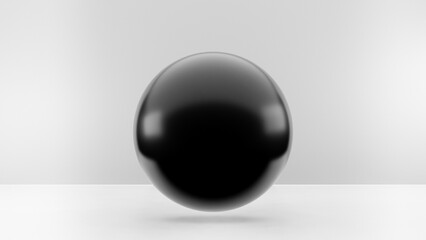 Single black sphere or globe floating in 3D studio interior with white background and copy space for text