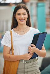 Young woman, college student portrait and university campus for learning, school studying and...