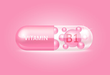 Capsule vitamin B1 structure pink and white It's transparent and vitamin pill is on inside. Beauty concept. Personal care. 3D Vector Illustration. transparent capsule pill. Drug business concept.