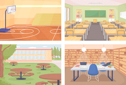 High school flat color raster illustration set. Basketball court. Gymnasium space. Classroom with desks. Empty class rooms 2D cartoon interior with furniture on background collection