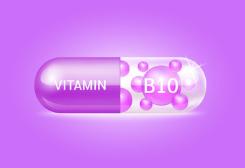 Capsule vitamin B10 structure purple and white It's transparent and vitamin pill is on inside. Beauty concept. Personal care. 3D Vector Illustration. transparent capsule pill. Drug business concept.