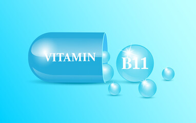 Capsule vitamin B11 structure blue and white with circular bubbles flowing out blue background. Beauty concept. Personal care. 3D Vector Illustration. transparent capsule pill. Drug business concept.