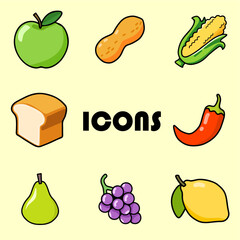 Set of food icon isolated on yellow background. Illustration of apple, peanut, corn,bread, chili, pear, grape and lemon. Vector