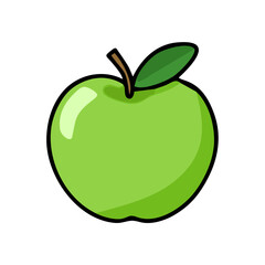 Green apple with stem and leaf. Vector illustration with contour. Cartoon sticker for decoration