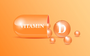 Capsule vitamin D structure orange and white with circular bubbles flowing out orange background. Beauty concept. Personal care. 3D Vector Illustration. transparent capsule pill. Drug business.