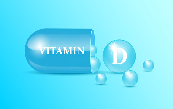 Capsule vitamin D structure blue and white with circular bubbles flowing out blue background. Beauty concept. Personal care. 3D Vector Illustration. transparent capsule pill. Drug business concept.