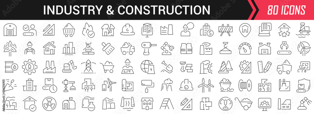 Poster Industry and construction linear icons in black. Big UI icons collection in a flat design. Thin outline signs pack. Big set of icons for design
