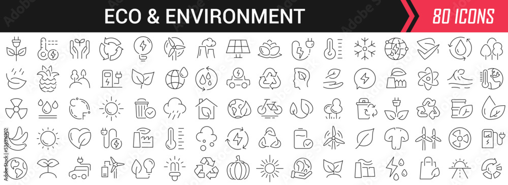 Poster Eco and environment linear icons in black. Big UI icons collection in a flat design. Thin outline signs pack. Big set of icons for design