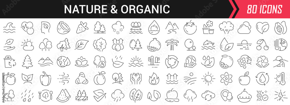 Poster Nature and organic linear icons in black. Big UI icons collection in a flat design. Thin outline signs pack. Big set of icons for design