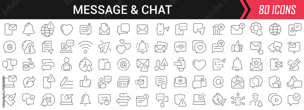 Fototapete message and chat linear icons in black. big ui icons collection in a flat design. thin outline signs