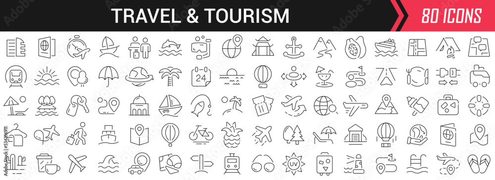Poster travel and tourism linear icons in black. big ui icons collection in a flat design. thin outline sig