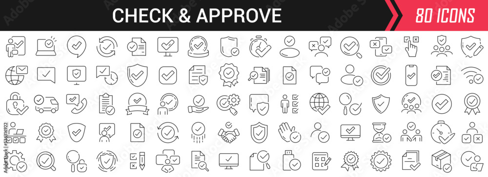Fototapete Check and approve linear icons in black. Big UI icons collection in a flat design. Thin outline signs pack. Big set of icons for design