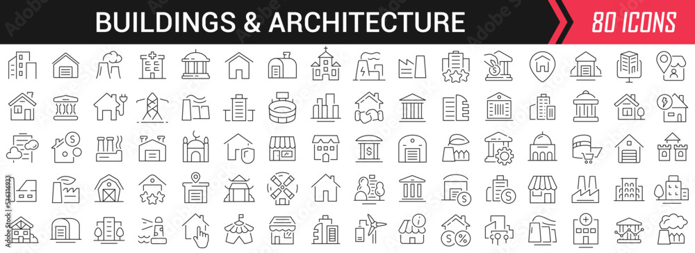 Poster Buildings and architecture linear icons in black. Big UI icons collection in a flat design. Thin outline signs pack. Big set of icons for design