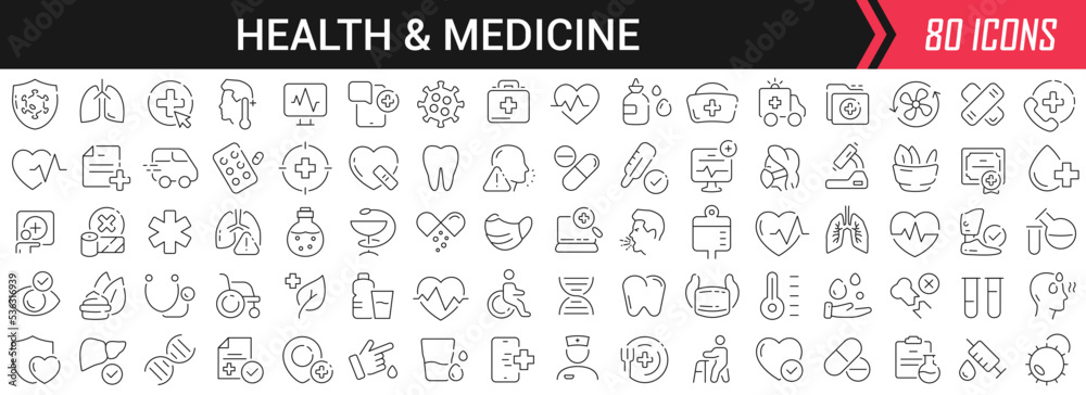 Poster health and medicine linear icons in black. big ui icons collection in a flat design. thin outline si
