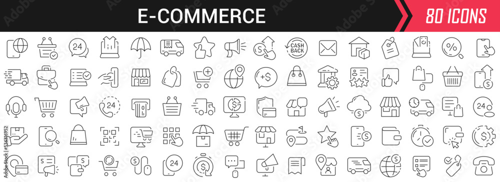 Poster E-commerce linear icons in black. Big UI icons collection in a flat design. Thin outline signs pack. Big set of icons for design