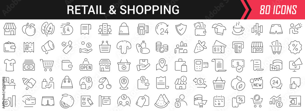 Aufkleber Retail and shopping linear icons in black. Big UI icons collection in a flat design. Thin outline signs pack. Big set of icons for design