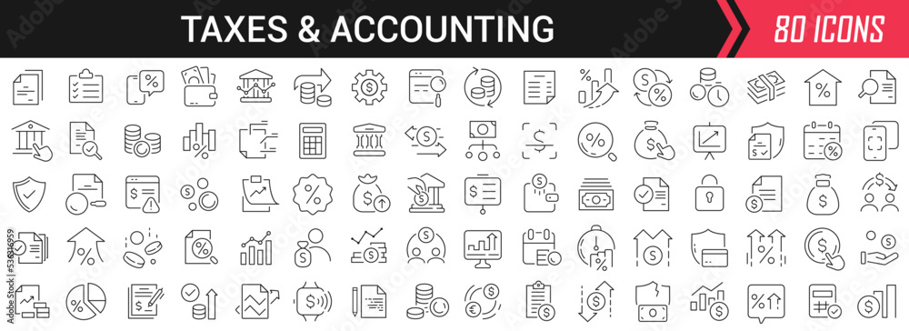 Poster taxes and accounting linear icons in black. big ui icons collection in a flat design. thin outline s
