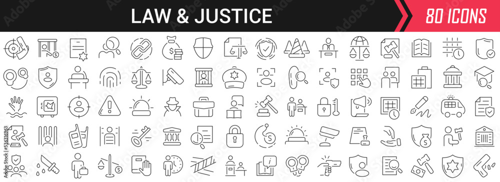 Aufkleber law and justice linear icons in black. big ui icons collection in a flat design. thin outline signs 