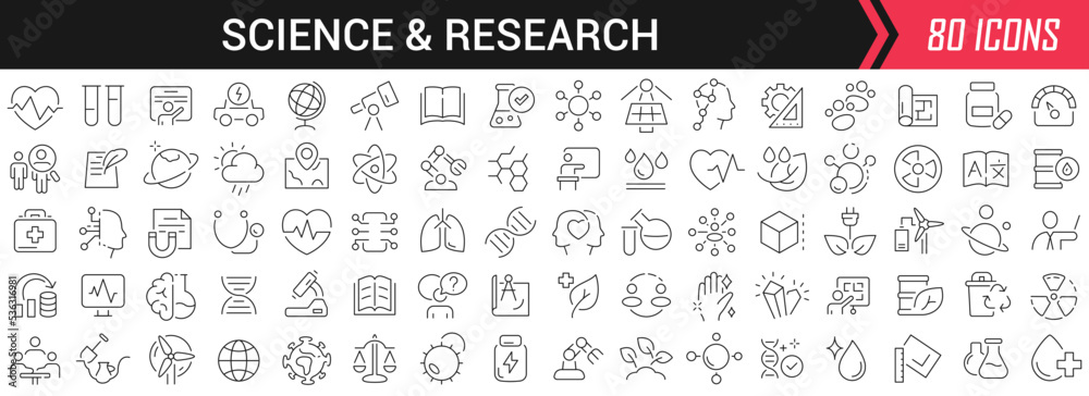 Poster Science and research linear icons in black. Big UI icons collection in a flat design. Thin outline signs pack. Big set of icons for design