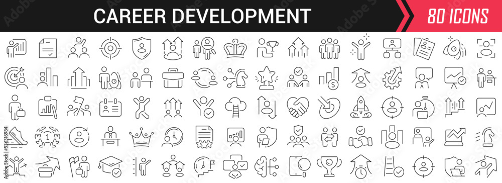 Poster Career development linear icons in black. Big UI icons collection in a flat design. Thin outline signs pack. Big set of icons for design
