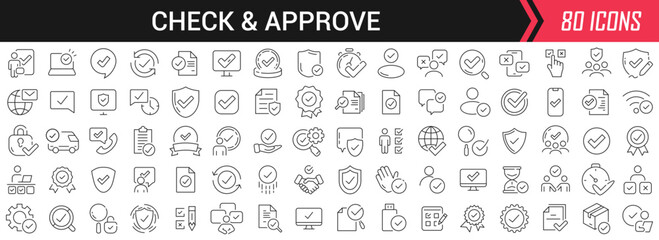 Check and approve linear icons in black. Big UI icons collection in a flat design. Thin outline signs pack. Big set of icons for design