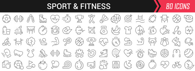 Sport and fitness linear icons in black. Big UI icons collection in a flat design. Thin outline signs pack. Big set of icons for design