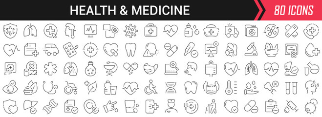 Health and medicine linear icons in black. Big UI icons collection in a flat design. Thin outline signs pack. Big set of icons for design