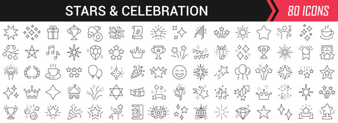 Stars and celebration linear icons in black. Big UI icons collection in a flat design. Thin outline signs pack. Big set of icons for design