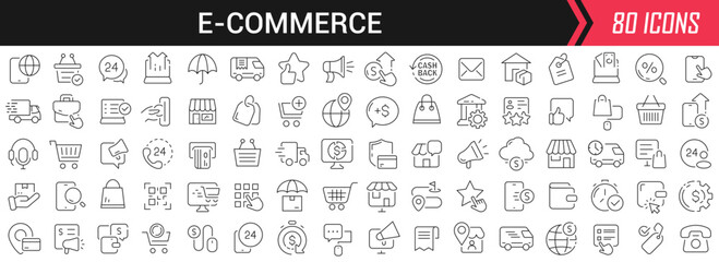 E-commerce linear icons in black. Big UI icons collection in a flat design. Thin outline signs pack. Big set of icons for design