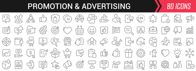 Promotion and advertising linear icons in black. Big UI icons collection in a flat design. Thin outline signs pack. Big set of icons for design