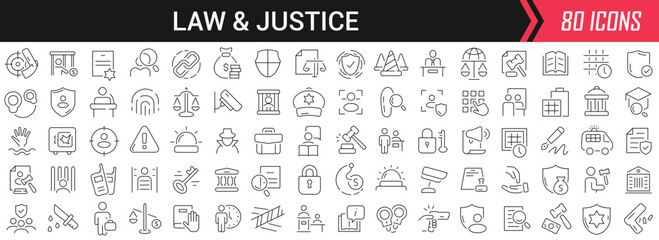 Law and justice linear icons in black. Big UI icons collection in a flat design. Thin outline signs pack. Big set of icons for design
