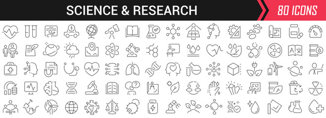 Science and research linear icons in black. Big UI icons collection in a flat design. Thin outline signs pack. Big set of icons for design