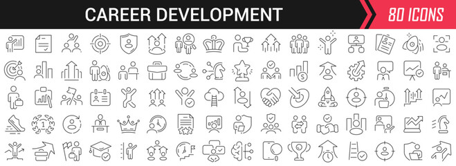 Career development linear icons in black. Big UI icons collection in a flat design. Thin outline signs pack. Big set of icons for design