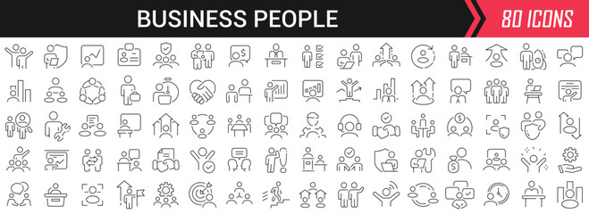 Business people linear icons in black. Big UI icons collection in a flat design. Thin outline signs pack. Big set of icons for design