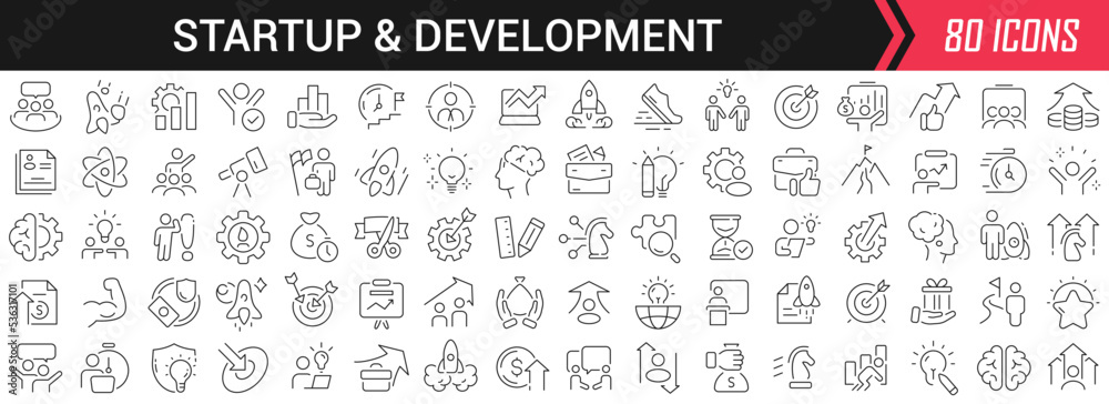 Poster Startup and development linear icons in black. Big UI icons collection in a flat design. Thin outline signs pack. Big set of icons for design