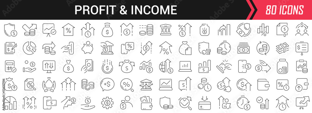 Aufkleber Profit and income linear icons in black. Big UI icons collection in a flat design. Thin outline signs pack. Big set of icons for design