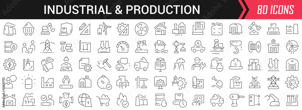 Poster Industrial and production linear icons in black. Big UI icons collection in a flat design. Thin outline signs pack. Big set of icons for design