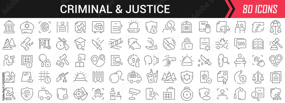 Aufkleber criminal and justice linear icons in black. big ui icons collection in a flat design. thin outline s