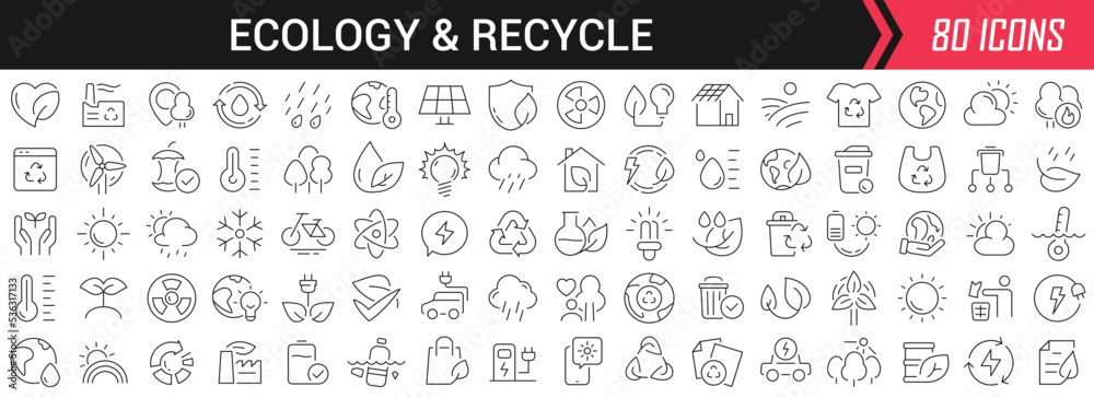 Poster Ecology and recycle linear icons in black. Big UI icons collection in a flat design. Thin outline signs pack. Big set of icons for design