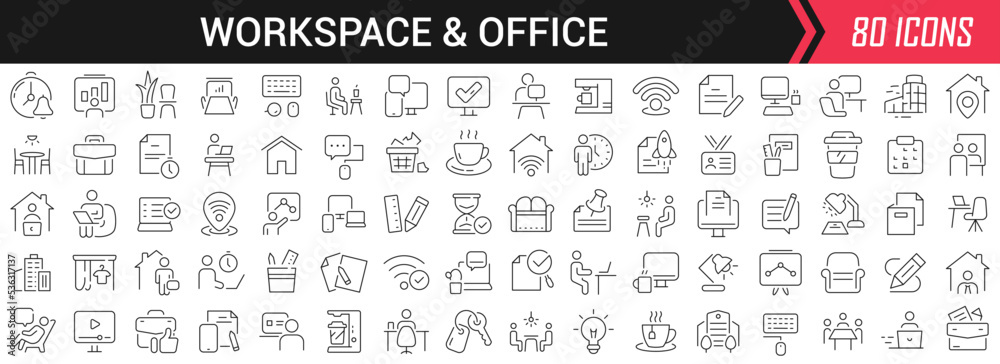 Poster Workspace and office linear icons in black. Big UI icons collection in a flat design. Thin outline signs pack. Big set of icons for design