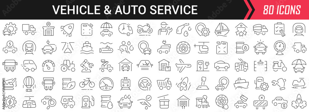 Aufkleber Vehicle and auto service linear icons in black. Big UI icons collection in a flat design. Thin outline signs pack. Big set of icons for design